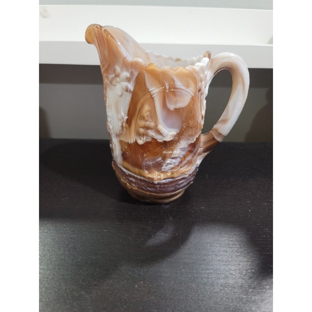 Imperial 6.5" Windmill Pitcher Caramel Brown Slag Glass Signed White Tan
